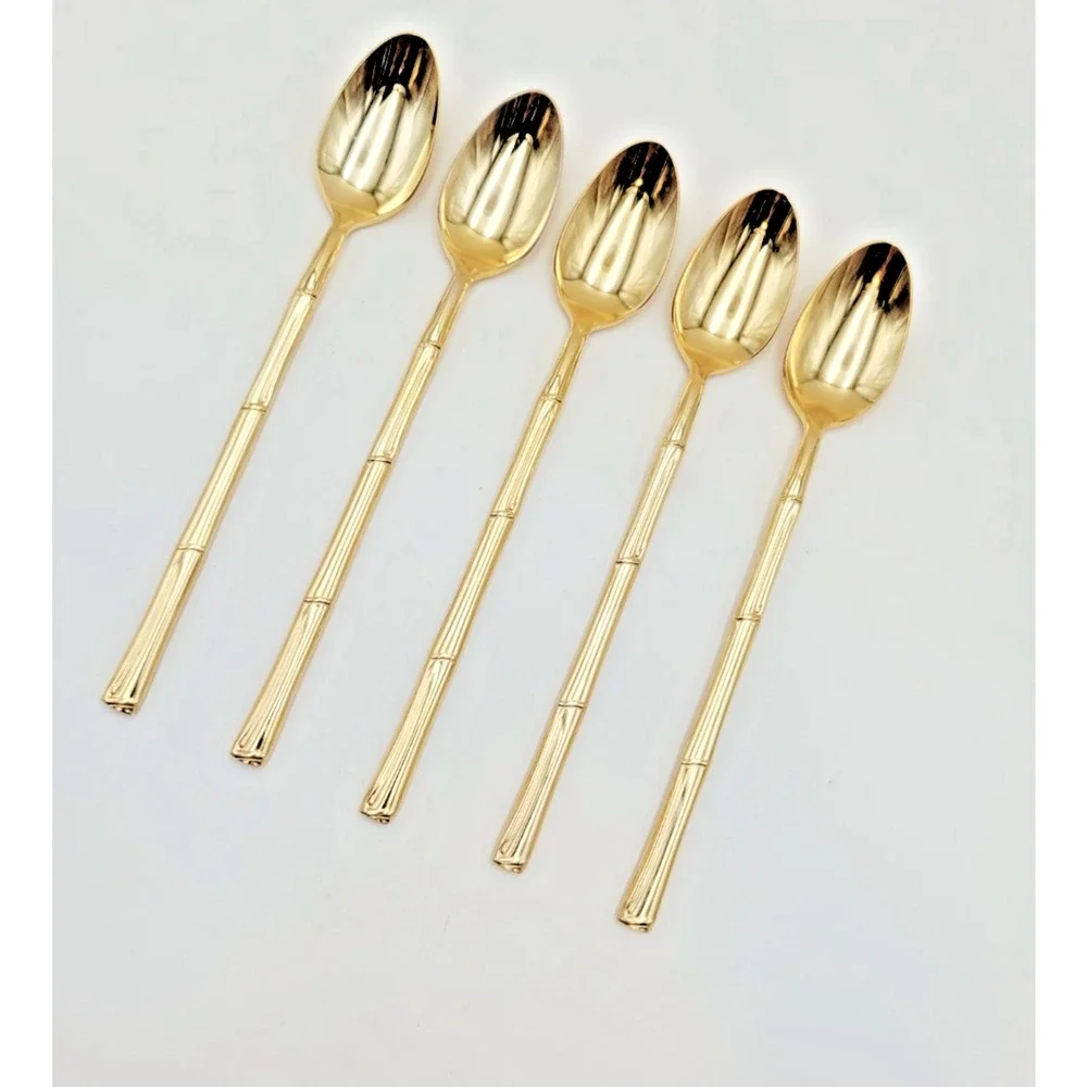Set 5 National Escapade Iced Tea Spoon Gold Stainless Steel Bamboo Handles JAPAN